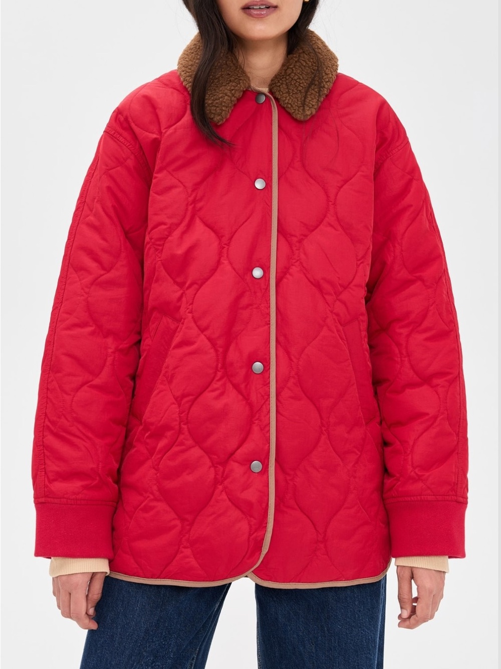 Alex Mill Red Quilted Jacket with Brown Sherpa Collar
